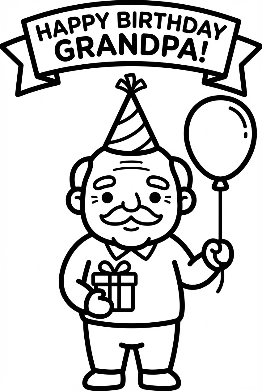 Verjaardag kleurplaat gefeliciteerd voor opa met ballon