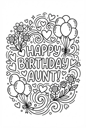 Verjaardag kleurplaat gefeliciteerd voor tante met hartjes