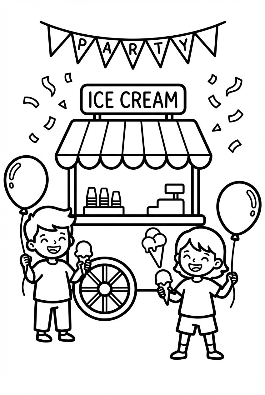 Verjaardag kleurplaat met een ijsjeskar op een kinderfeest