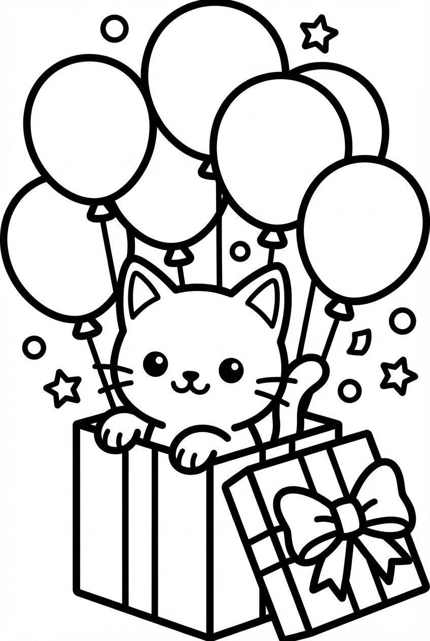 Verjaardag kleurplaat van een kat in een cadeaudoos