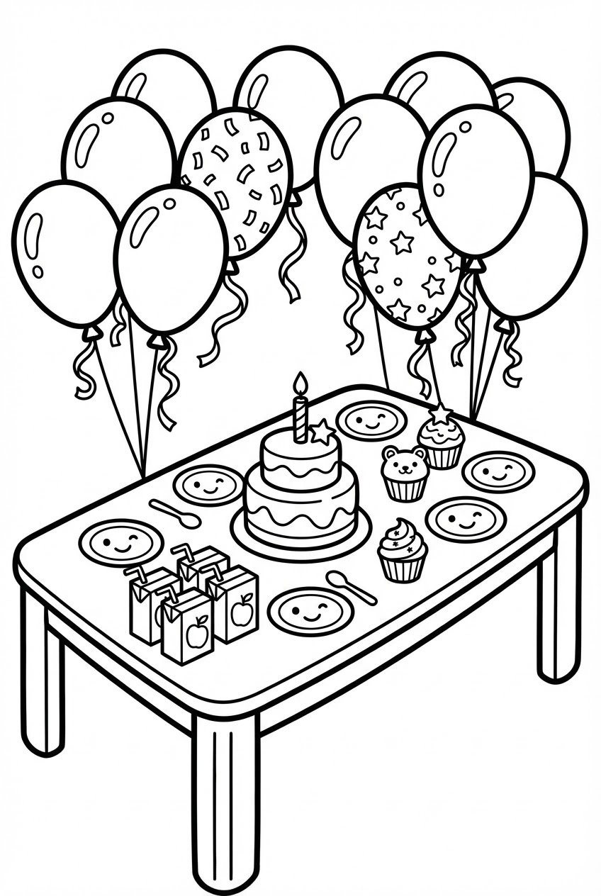 Verjaardag kleurplaat van een feesttafel met snacks