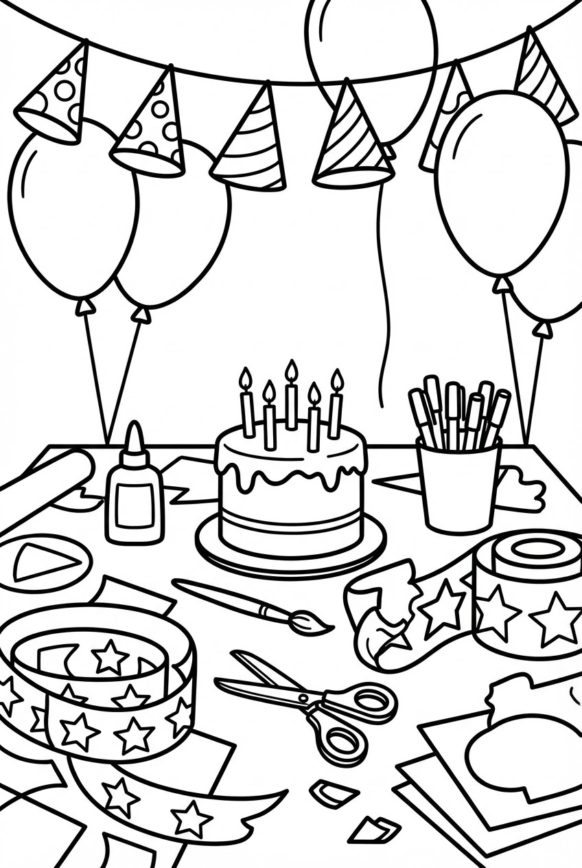 Verjaardag kleurplaat met knutseltafel en slingers