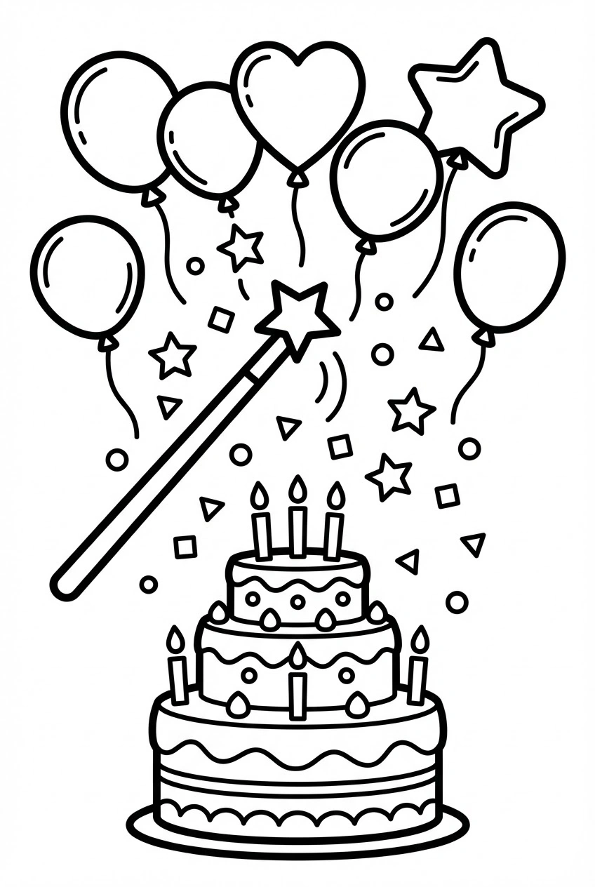 Verjaardag kleurplaat met een toverstaf en confetti