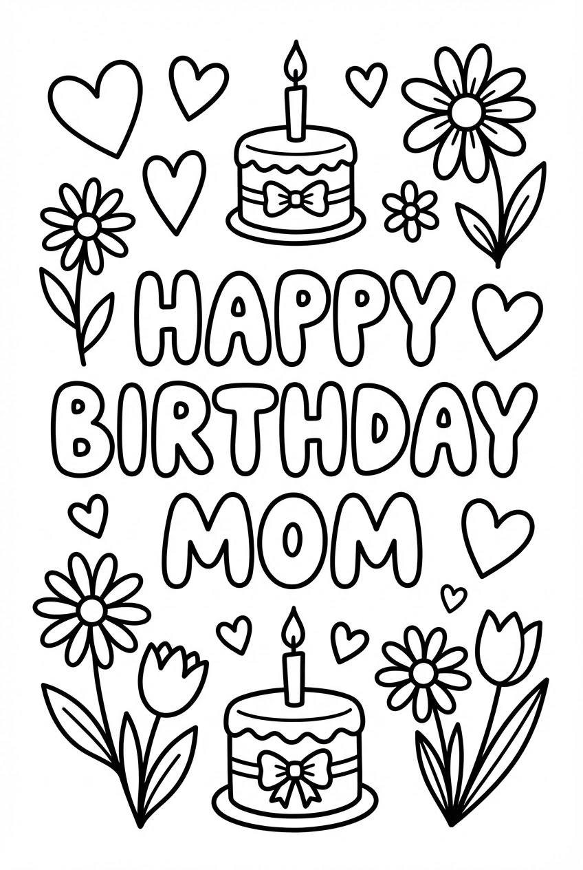 Verjaardag kleurplaat voor mama met bloemen en hartjes