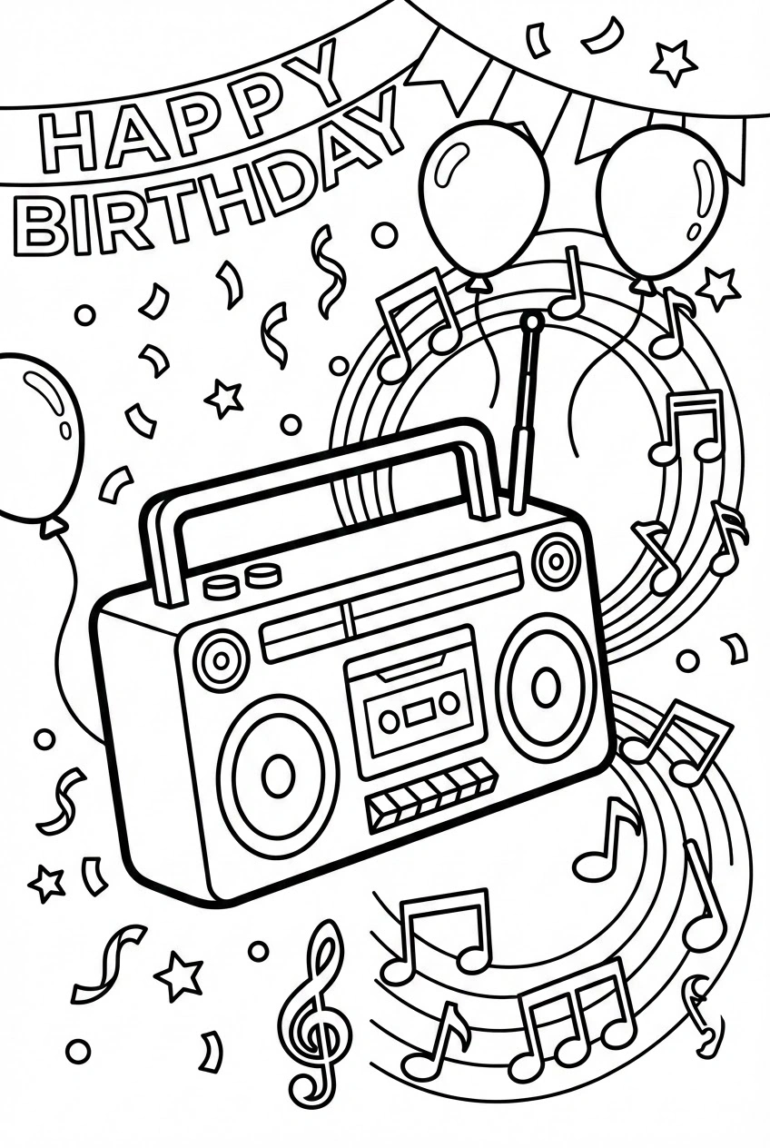 Verjaardag kleurplaat met muziekbox en dansende noten
