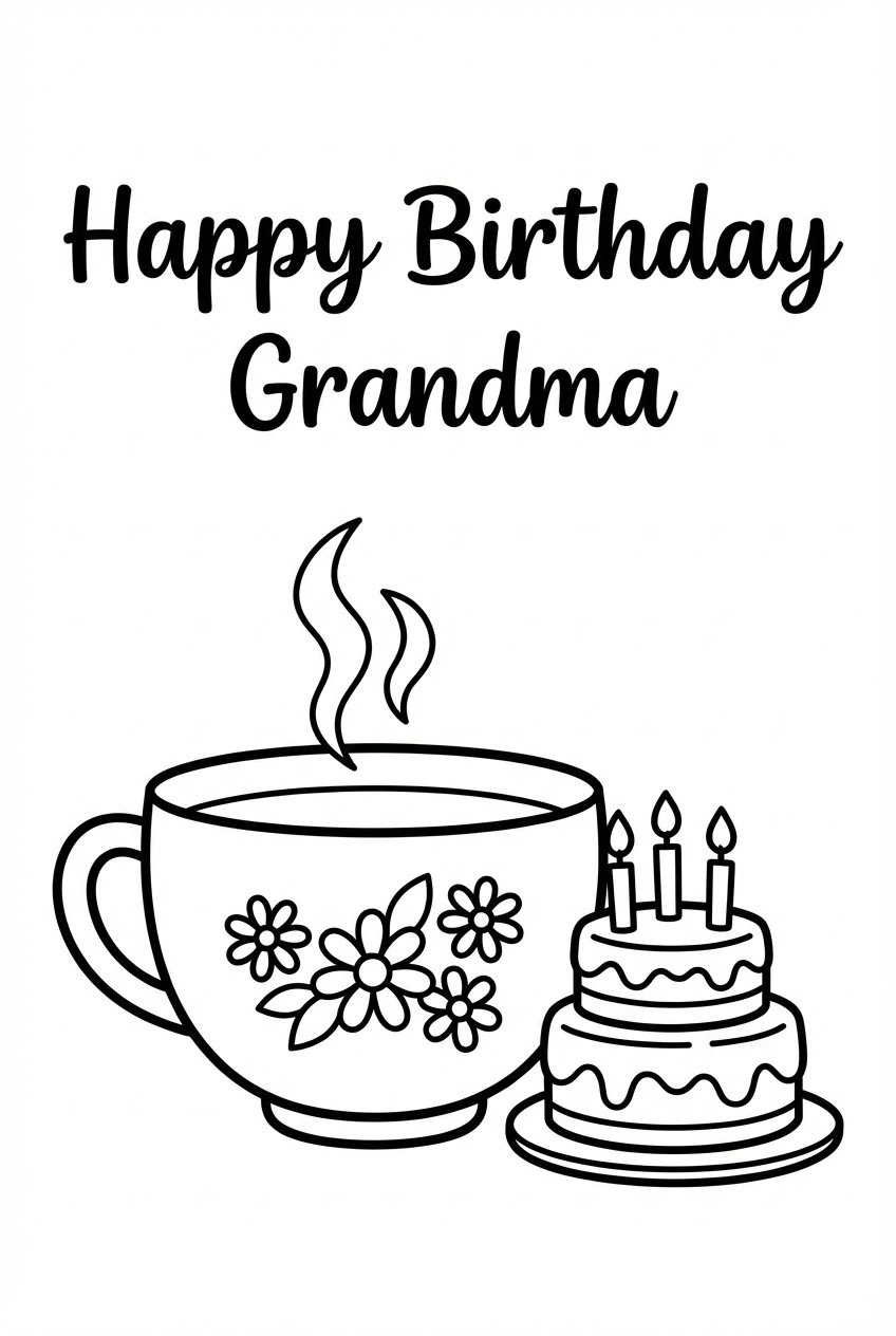 Verjaardag kleurplaat voor oma met theekopje en taartje