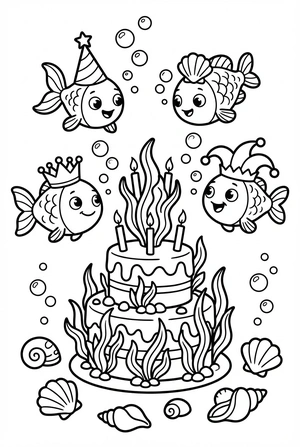 Verjaardag kleurplaat met visjes en taart onder water