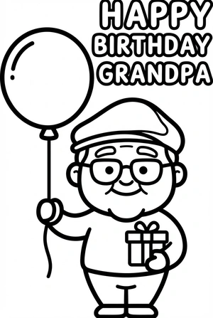 Verjaardag kleurplaat voor opa met pet en ballon