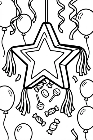 Verjaardag kleurplaat van een ster piñata met snoepjes