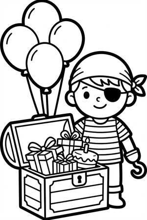 Verjaardag kleurplaat met piratenfeest en schatkist cadeau