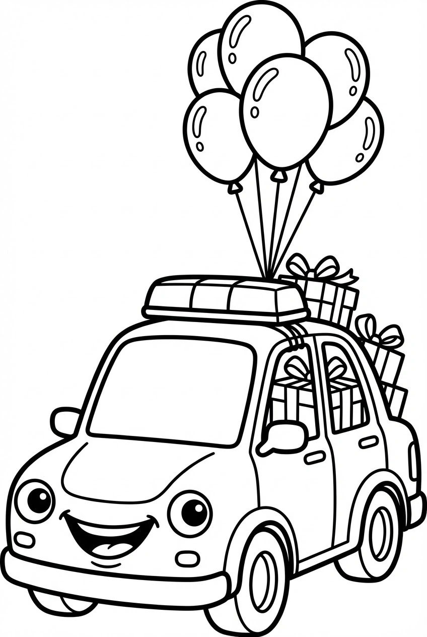 Verjaardag kleurplaat van een politieauto met cadeaus