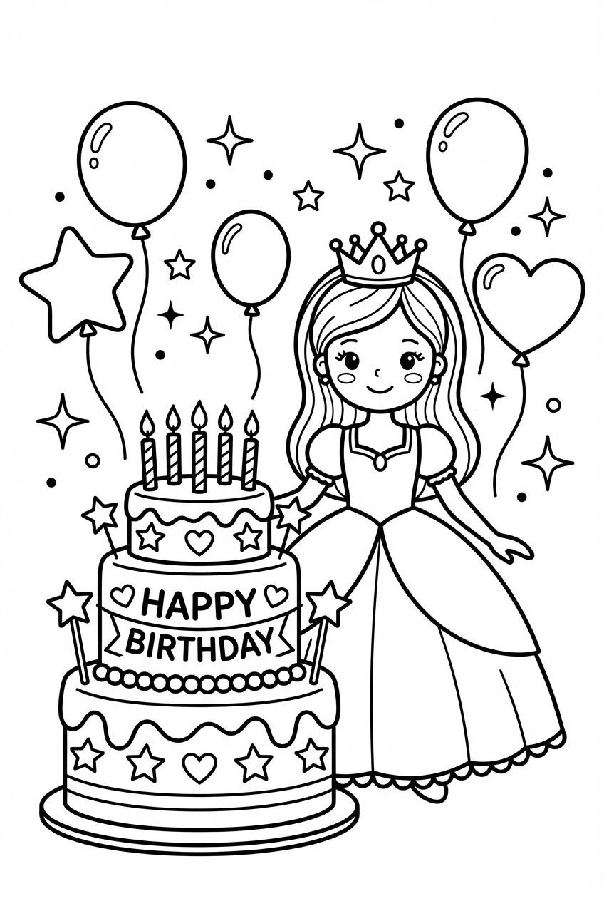 Verjaardag kleurplaat van een prinses met kroon en taart