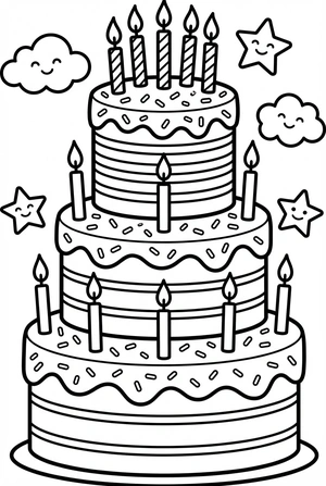 Verjaardag kleurplaat van een regenboogtaart met lagen