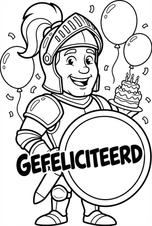 Verjaardag kleurplaat van een ridder met gefeliciteerd schild
