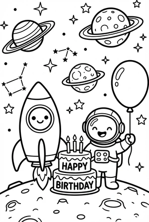 Verjaardag kleurplaat met raket, planeten en een taart