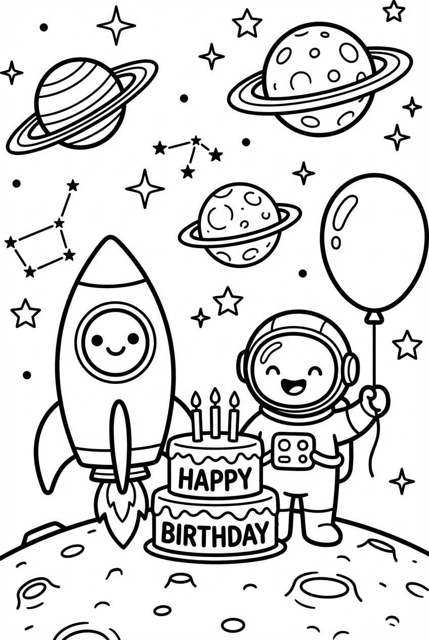 Verjaardag kleurplaat met raket, planeten en een taart