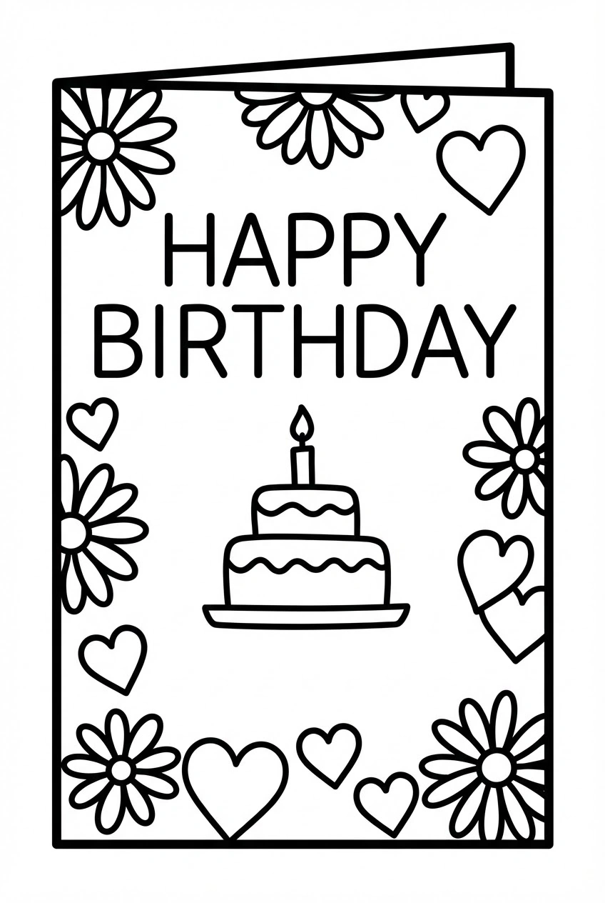 Verjaardag kleurplaat kaart voor tante met bloemenrand