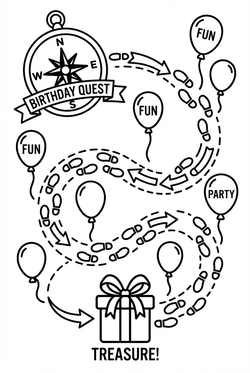 Verjaardag kleurplaat met speurtochtkaart en schatcadeau