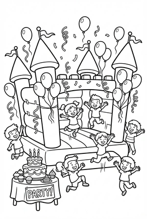 Verjaardag kleurplaat met een springkussen en slingers