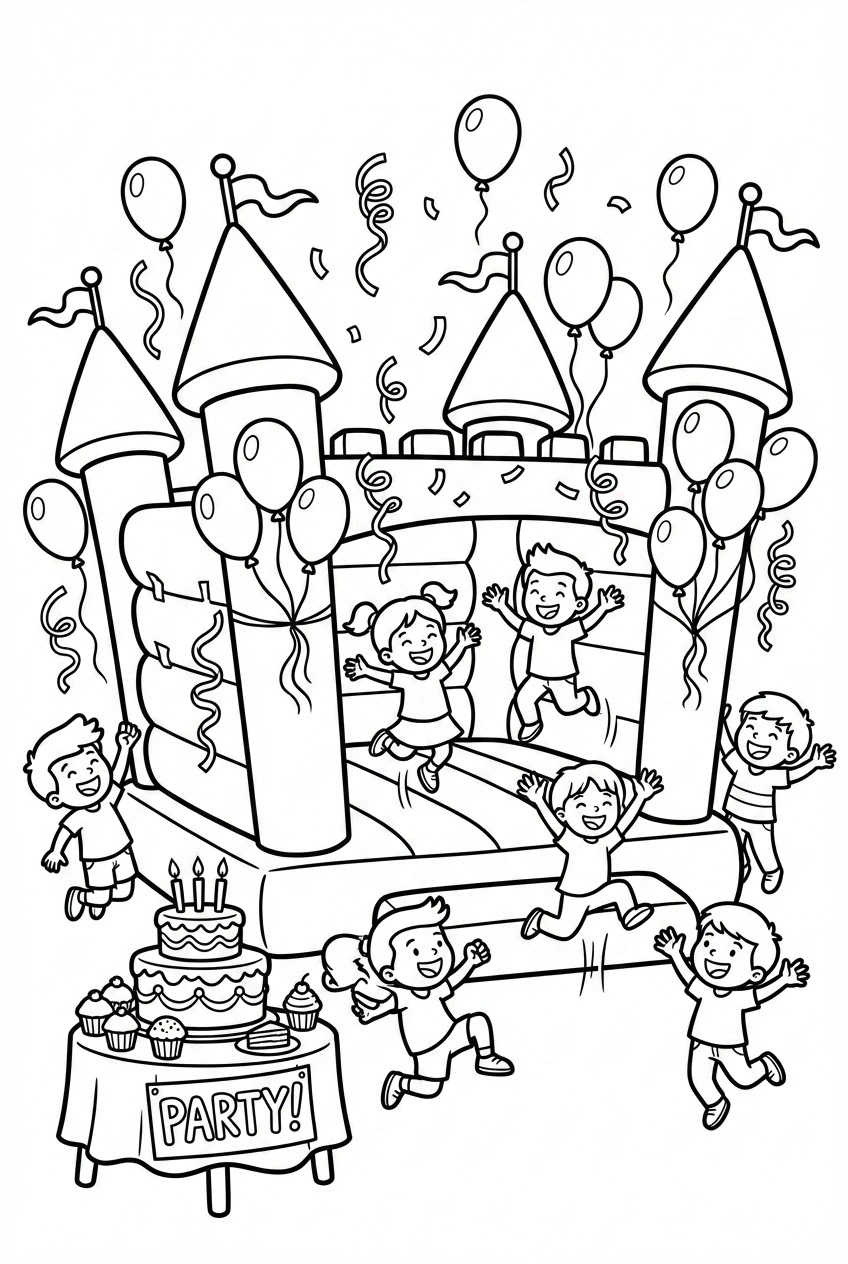 Verjaardag kleurplaat met een springkussen en slingers