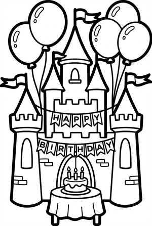 Verjaardag kleurplaat van een kasteel met feestvlaggen