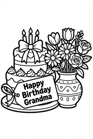 Verjaardag kleurplaat met taart en bloemen voor oma