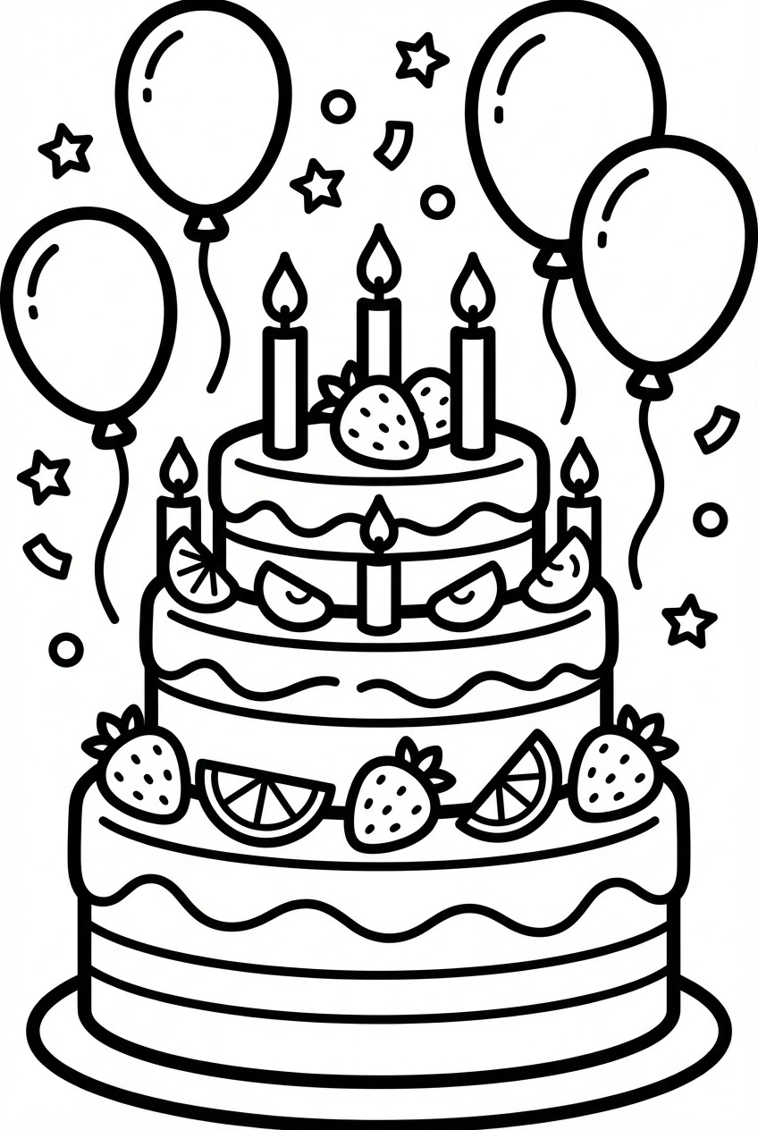 Verjaardag kleurplaat taart verjaardag met fruit en kaarsjes