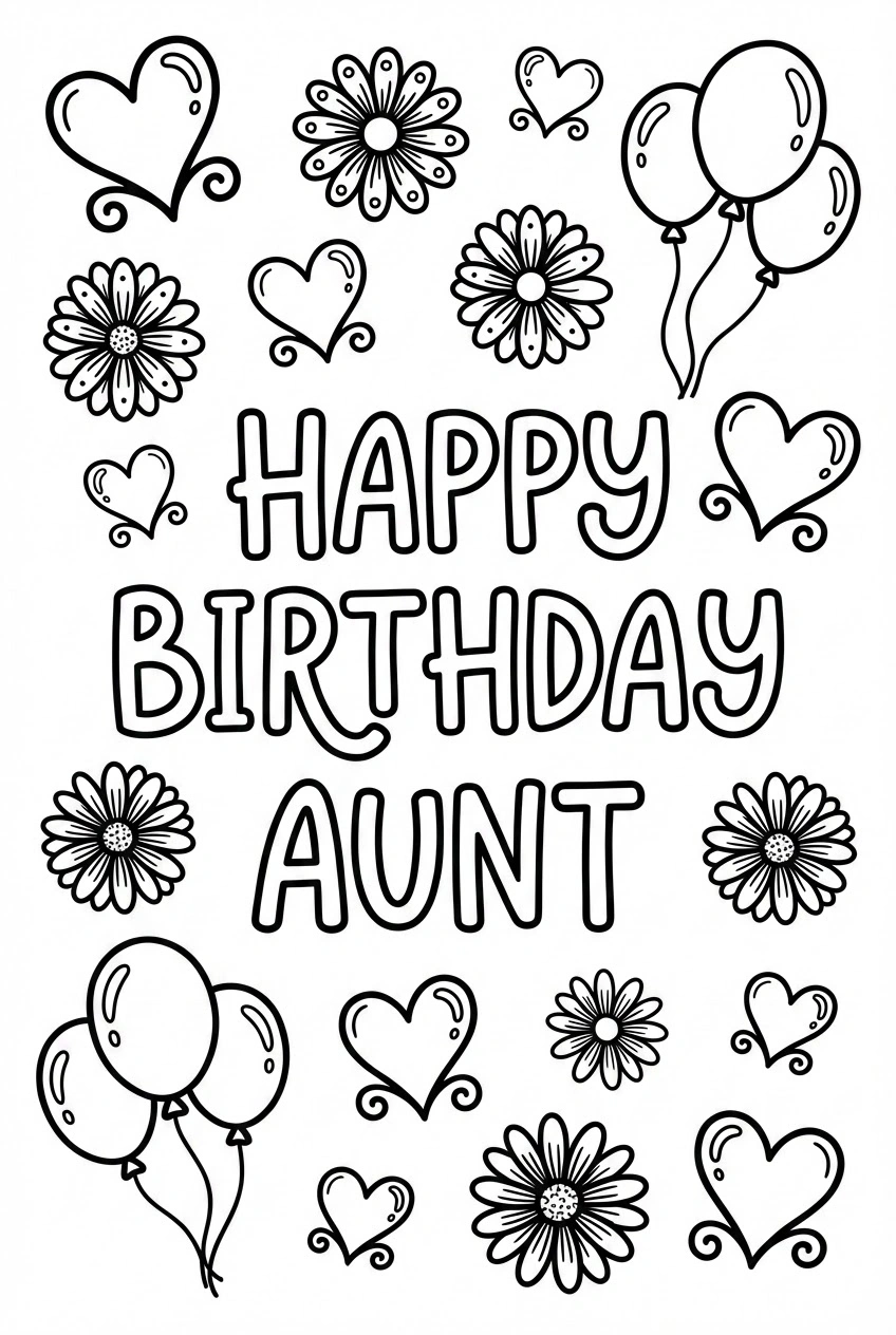 Verjaardag kleurplaat voor tante met hartjes en bloemen