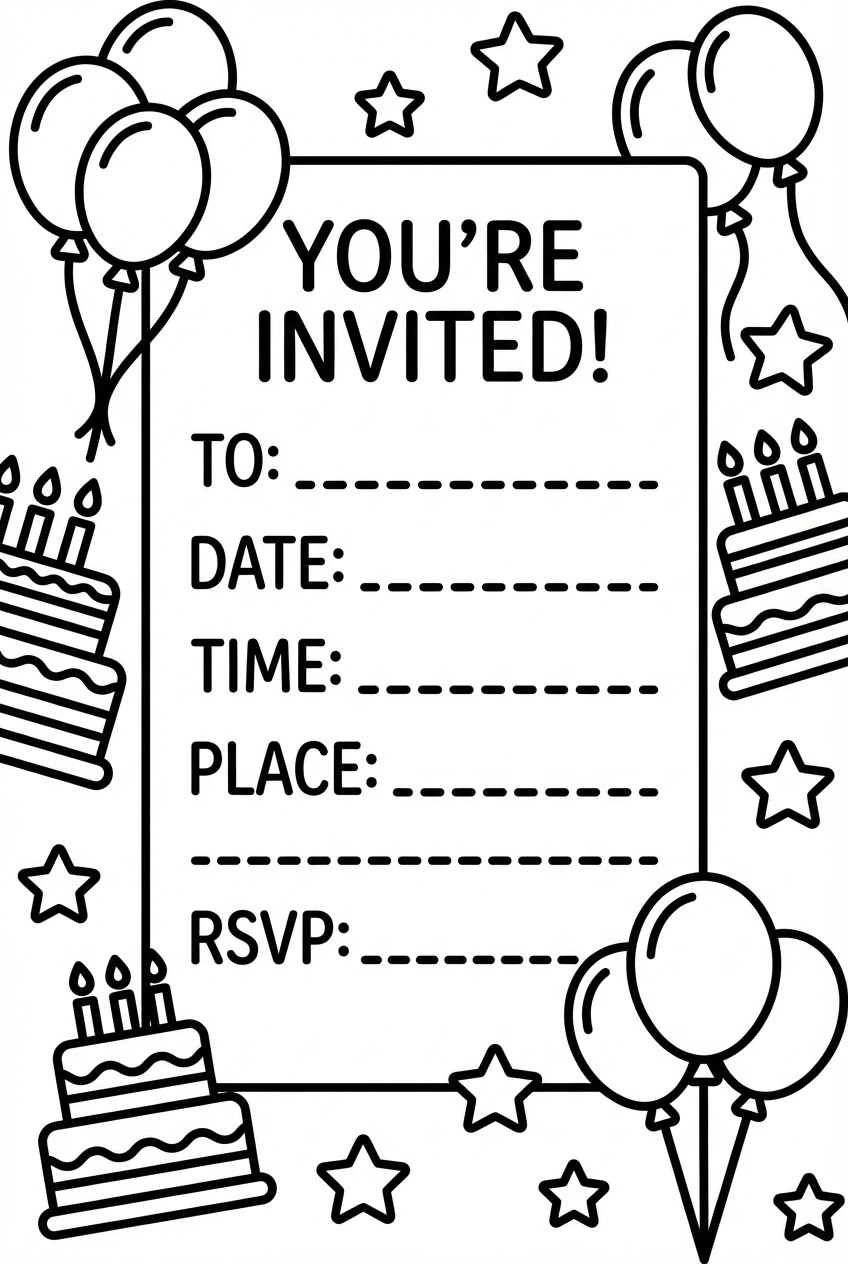 Verjaardag kleurplaat uitnodiging kaart om zelf te versieren