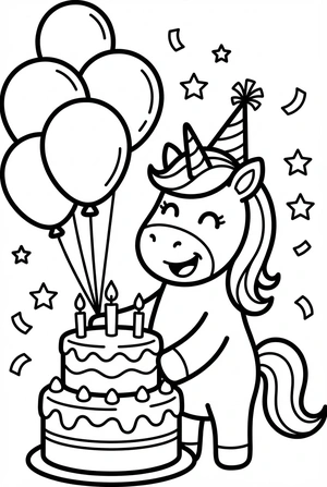 Verjaardag kleurplaat van een unicorn met taart en ballonnen
