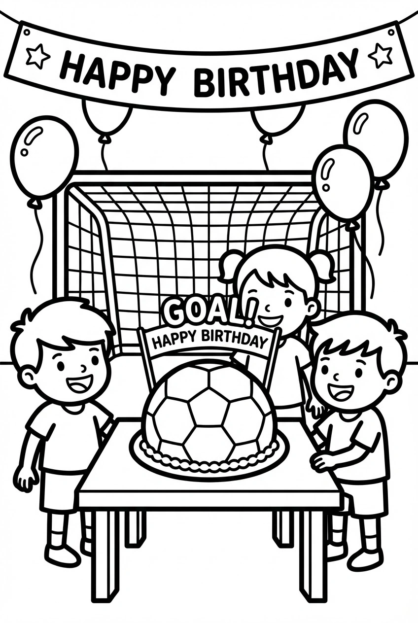 Verjaardag kleurplaat met voetbalfeest en taart als bal