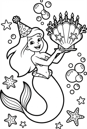 Verjaardag kleurplaat van een zeemeermin met schelpentaart